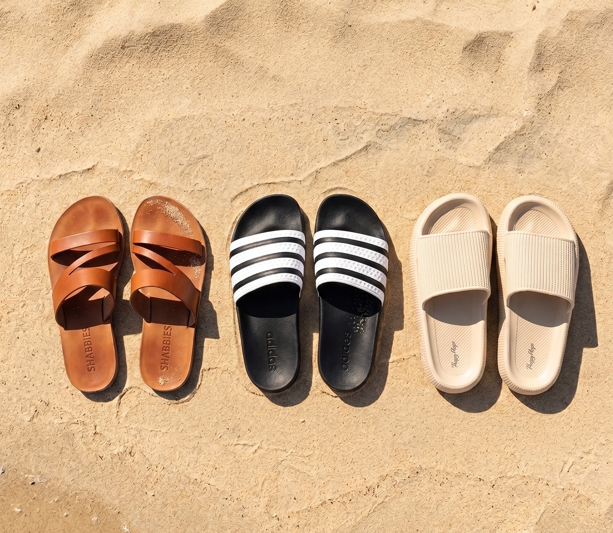 Kolme ehdokasta: Shabbies Amsterdam, Adidas Adilette ja HappyFlops